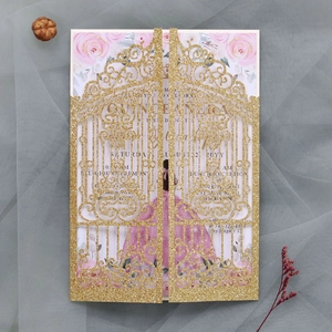 Detailed laser-cut gold glitter Quinceañera invitation with floral inside page
