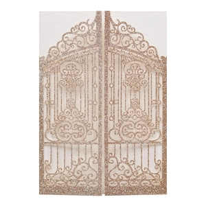 Elegant rose gold glitter laser cut hollow wedding invitation card with floral gate design