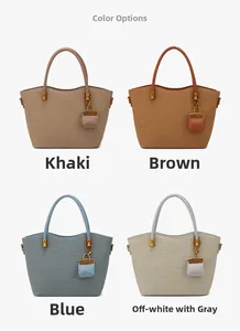Detail view of woven tote bags in khaki, brown, blue, and cream with leather handles