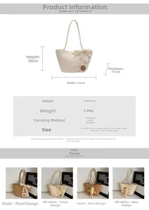 Detailed size chart and dimensions for handmade summer straw tote bag with floral accents