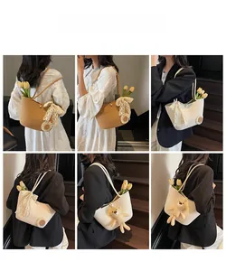 Detailed views of woven straw tote bags with lace bows and daisy charms in various angles