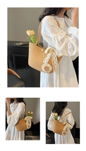 Detailed shot of beige straw tote bag featuring lace bow and sunflower accent decoration