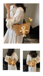 Detail of straw woven tote bag with cute bear charm and elegant pearl button closure
