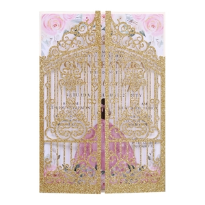 Elegant gold glitter laser-cut gatefold Quinceañera invitation with pink floral inner card