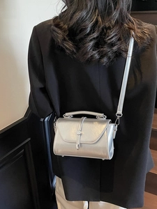 Chic silver metallic patent leather small square bag with top handle and crossbody strap