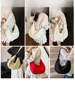 Detail view of crescent crossbody bags in four colors shown with various outfits