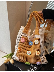 Sac Cabas en Maille Crochetée à la Main pour Femmes Fleurs 3D Sac à Épaule Ajouré Artistique Bohème Sac de Plage Été