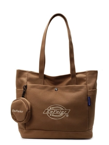 Ensemble sac cabas en toile marron avec porte-monnaie rond et broderie blanche rétro