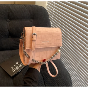 Pink croc-embossed small square bag with decorative pearl and silver chain straps