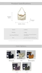 Detail showing dimensions and five color options of this large canvas tote bag