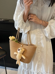 Handmade Woven Tote Bag For Women Summer Straw Beach Bag With Lace Bow Sunflower Charm Plush Bear Artificial Pearl Button Vacation Bag