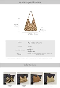 Detailed size specifications for hollow straw tote bag with dimensions and multi-color options