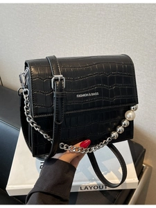 Women Korean Crocodile Embossed Square Crossbody Bag With Artificial Pearl Chain Strap PU Leather Fashion Shoulder Handbag Gift