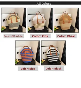 Straw tote bag and sun hat sets in cream, pink, khaki, blue, and black striped patterns