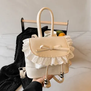 Mini Mochila de Cuero PU Sweet Lolita para Mujer Con Borde de Encaje Lazo Cordón Moda Bolso Bandolera Pequeño