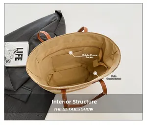 Interior view of straw tote bag showing main compartment, phone pocket and zip pocket