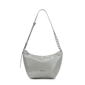 Gray crescent underarm bag with textured leather, silver chain and adjustable shoulder strap