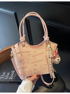Retro Cartoon Embossed PU Leather Bucket Bag Women Fashion Textured Handbag Shoulder Crossbody Bag With Plush Pendant