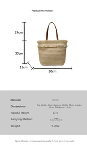 Detailed sizing chart and dimensions for the large woven straw beach tote bag