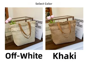 Straw woven tote bag detail showing fringe trim and leather straps in off-white and khaki