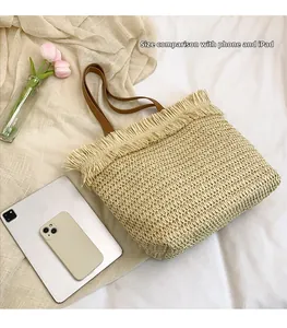 Size comparison of white straw tote bag with phone and tablet on white fabric