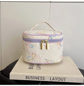 Detail der gesteppten Kosmetiktasche mit bunter Blumenstickerei und lila Reißverschluss