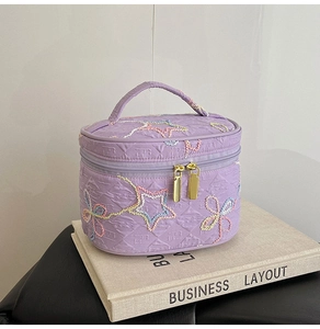 Detail der lavendelfarbenen gesteppten Kosmetiktasche mit Sternstickerei und Gold-Zippern