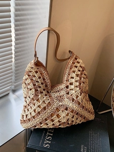 Women Summer Handcrafted Woven Straw Shoulder Bag Bohemian Hollow Geometric Pattern Holiday Beach Large Capacity Underarm Tote