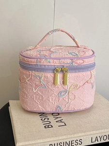 Große Kapazität Gesteppte Kulturtasche Für Damen Süße Stickerei Stern Blume Kosmetiktasche Tragbare Reise Aufbewahrung Organizer Mit Griff