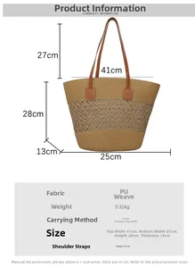 Tabella taglie dettagliata per grande borsa tote in paglia intrecciata con misure