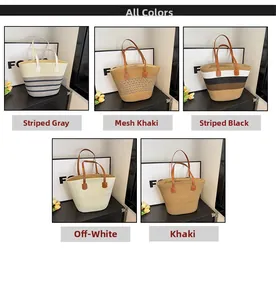 Vista dettagliata di borse tote intrecciate in vari colori tra cui kaki, bianco e righe