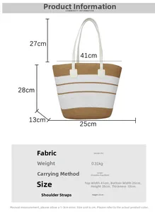 Spécifications détaillées d'un sac cabas tissé à rayures avec poignées en similicuir