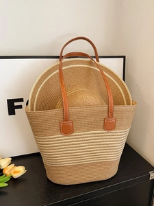 Large straw tote bag and matching wide brim hat set with brown PU leather handles