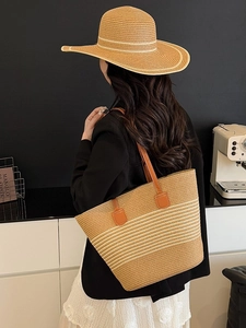 Large capacity straw tote bag with matching wide brim hat for summer beach vacations