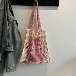 Handmade Crochet Tote Bag Knitted Hollow Out Shoulder Bag With Colorful Artificial Pearls Bohemian Style Women Beach Vacation Handbag