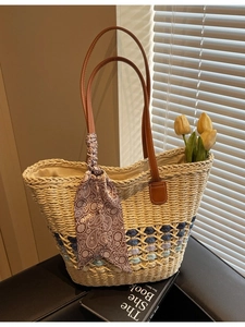 Women Large Straw Woven Tote Bag Scarf Decor Summer Beach Vacation Travel Handbag Bohemian Shoulder Shopping Bag