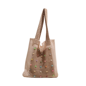 Beige crochet hollow shoulder bag with colorful pearls and wide braided strap design