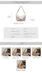 Detailed size chart and dimensions of the cartoon canvas tote bag with 3D animal patches