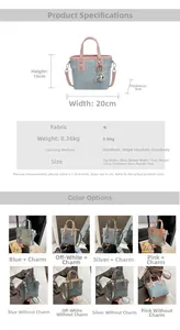 Detailed dimension guide for denim patchwork bucket bags with four color options