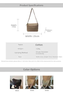 Detailed size specifications and color options for the lightweight casual crossbody bag