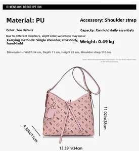 Detailed chart showing pink PU leather bag dimensions 34x11x28cm with strap info