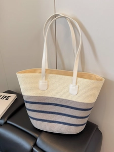 Bolso Tote de Paja Tejido de Moda para Mujer Gran Capacidad Bolso de Hombro para Vacaciones en la Playa Con Correa de Cuero PU Rayado Bolso de Mano de Viaje de Verano