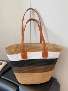 Bolso tote de tejido grande con rayas naturales y correas marrones para vacaciones de playa
