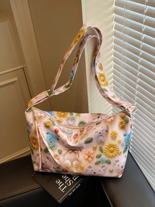 Pink cartoon tote bag with floral teddy bear print and adjustable crossbody strap