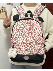 Pink leopard print backpack with panda ears and plush bear charm for casual school wear