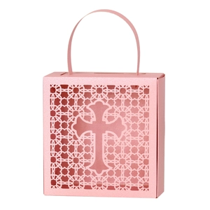Elegant pink hollow cross candy box made of pearlescent paper with laser-cut patterns