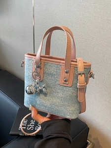 Denim Texture Mini Bucket Bag For Women Contrast Color Fashion Versatile Crossbody Bag With PU Leather Handle Small Tote Bag