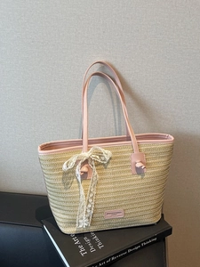 Sac Cabas Tissé en Paille pour Femmes Grande Capacité Sac à Épaule de Plage Avec Nœud en Dentelle Vacances d'Été