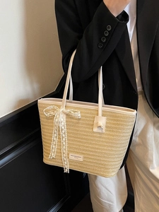 Sac cabas tissé en paille pour femme avec ruban en dentelle blanche et anses en cuir