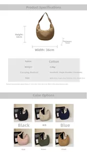 Größentabelle und Farbauswahl für große Hobo-Tasche mit Maßen und Produktdetails